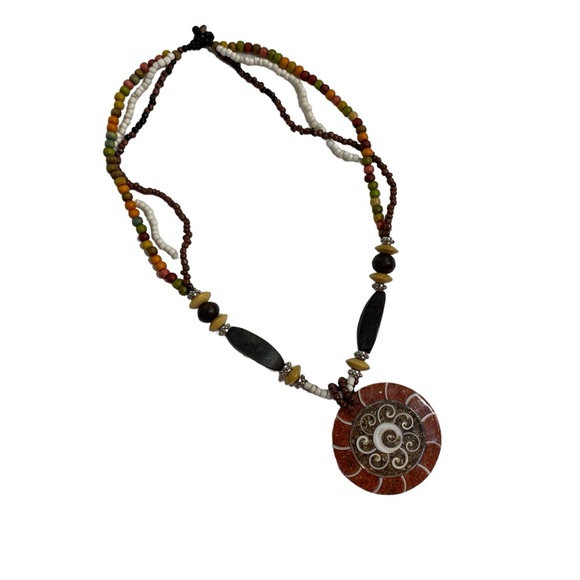 NECKLACE Statement Piece Bohemian Wood Beads Shell Center Piece Tan Brown - Picture 15 of 15